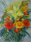 Ein Strauß bunter Blumen mit einer Lilie, gemalt in Aquarell im Jahr 2006