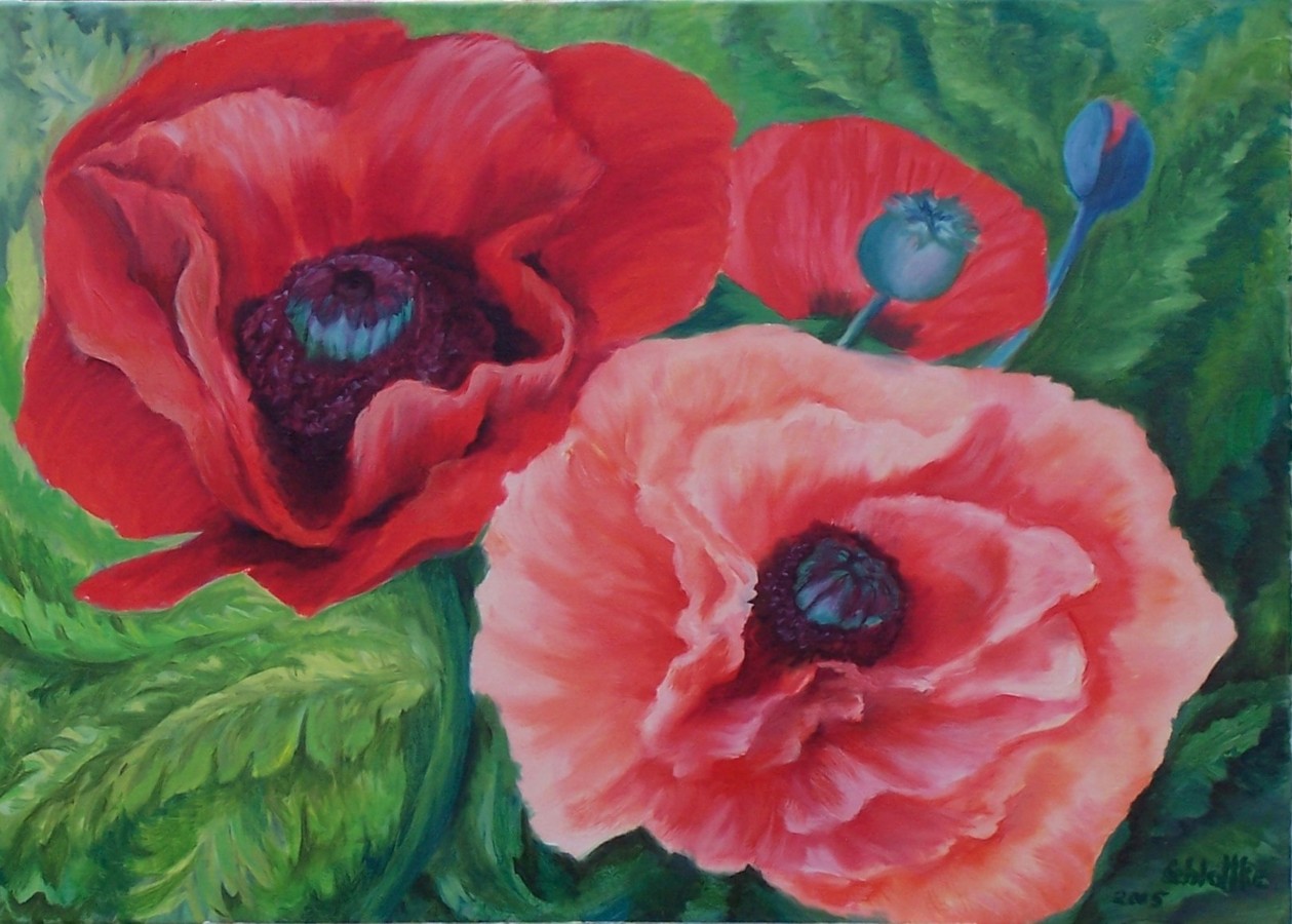 Mohnblüten im Garten, gemalt in Öl im Jahr 2005