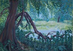 Links ist ein knorriger Baum, von dem ein Ast in den Teich des Parks am Schloss Genshagen gefallen ist, gemalt in Öl im Jahr 2008