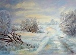 Weg in einer winterlichen Heidelandschaft, rechts und links vom Weg leicht mit Schnee bedeckte niedrige Bäume, gemalt mit Aquarellfarben im Jahr 2015