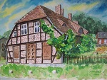 Blick auf den Fachwerkgiebel eines Hauses in Glashütte bei Baruth, gemalt mit Aquarellfarbe im Jahr 2006