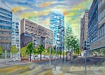 Berlin, Potsdamer Platz, Blick auf Sony-Center und Zentrale der Deutschen Bahn, gemalt in Aquarell im Jahr 2013