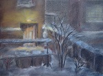 Berlin, Blick in den Hinterhof mit Teppichklopfstange und Müllkästen, gemalt in Pastell im Dezember 1987