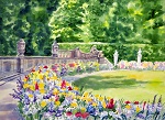 Wiese in Potsdam Sansscouci, eingefasst mit einer Blumenrabatte, im Hintergrund Skulpturen, gemalt mit Aquarellfarben im Jahr 2014