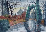 Wassergraben, beidseitig mit Buschwerk gesäumt, im Park Sansscouci in der Nähe der Römischen Bäder im Herbst, gemalt mit Aquarellfarben im Jahr 2015