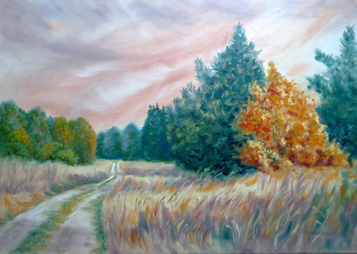 Waldweg in einer Heidelandschaft, gemalt in Öl im Jahr 2003