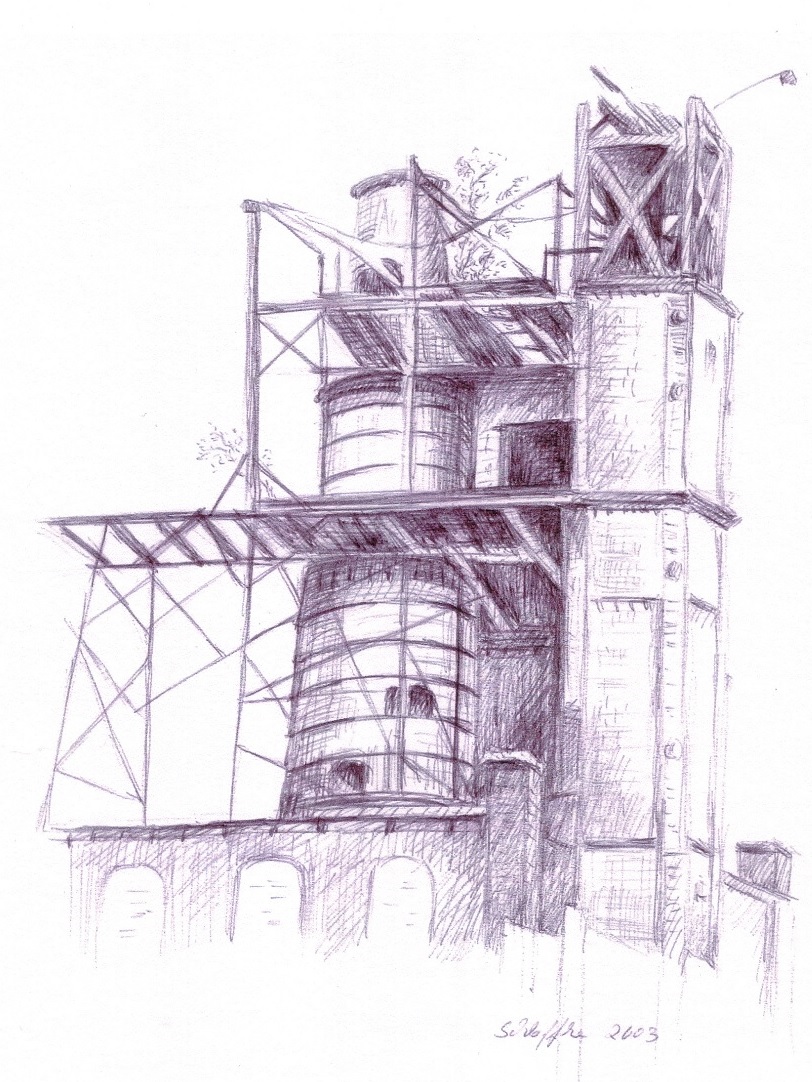 Kalkwerk in Zossen, gezeichnet mit Kugelschreiber im Jahr 2003