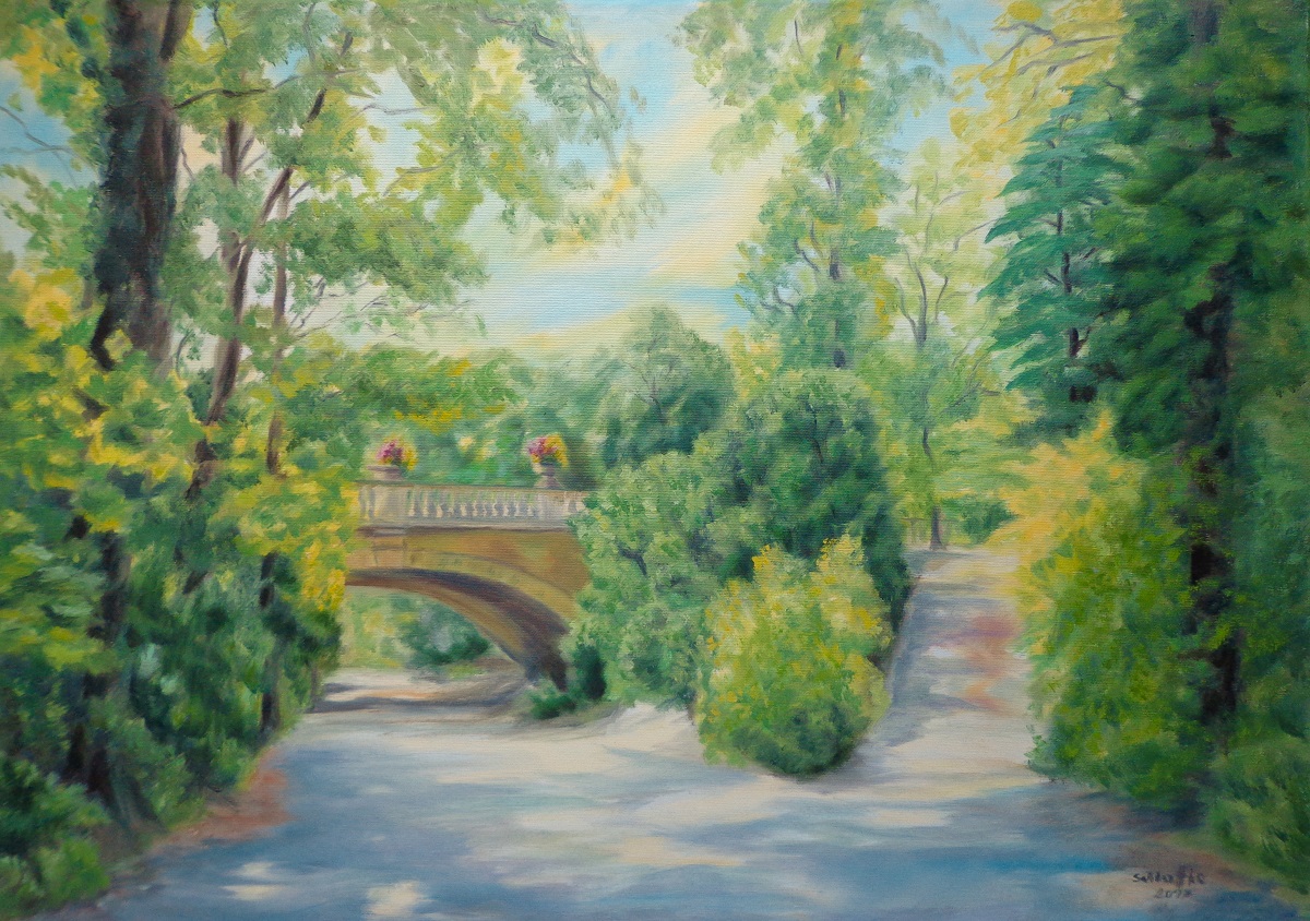 Ein Parkweg gabelt sich, rechts geht ein schmalerer Weg bergauf, links führt ein breiterer Weg unter einer Steinbrücke hindurch, gemalt in Oel im Jahr 2017