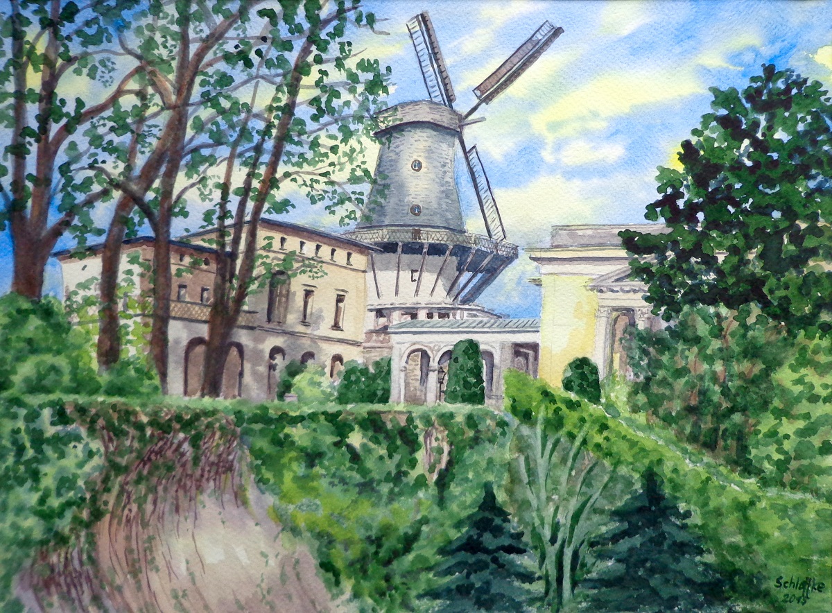 Historische Windmühle in Potsdam Sansscouci, vom Sizilianischen Garten gesehen, gemalt mit Aquarellfarben im Jahr 2015
