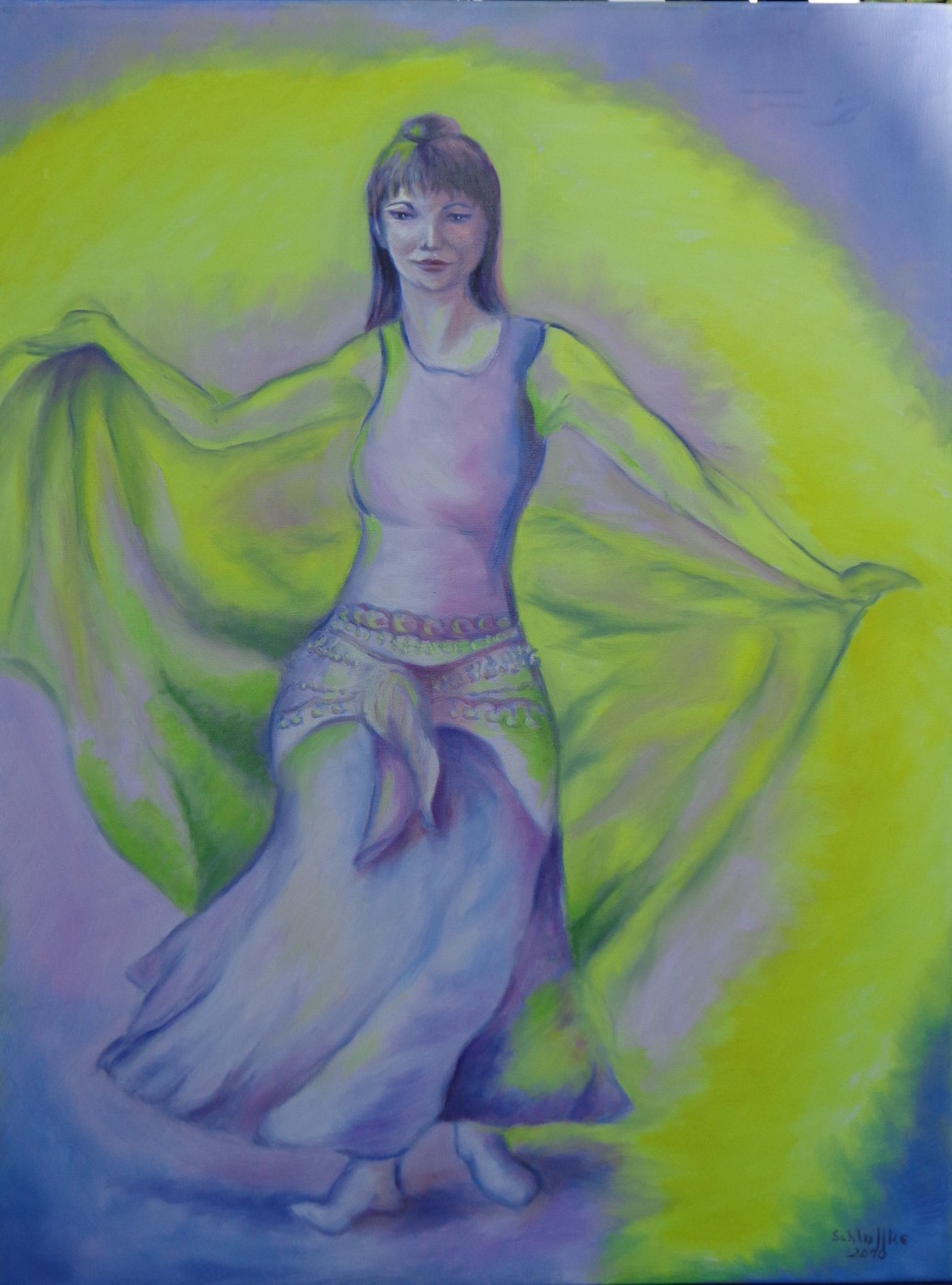 Orientalische Tänzerin mit Schleier von vorn abgebildet, gemalt mit Ölfarbe im Jahr 2010