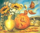 Vase mit Sonnenblumen, ein Kürbis und ein umgestürzter Korb, Wind weht Herbstblätter von links in das Bild, gemalt in Oel im Jahr 2000