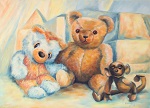 Stilleben mit Spielzeug, zwei Teddies und ein Affe aus Kunststoff vor stilisierten Bausteinen, gemalt in Oel im Jahr 2008