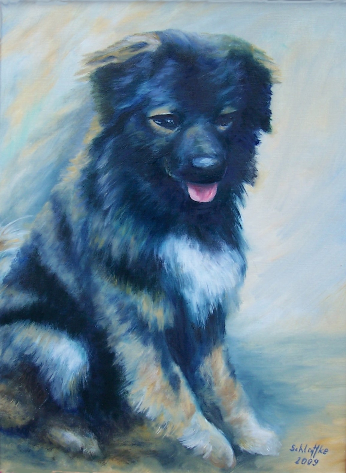 junger Hund, sitzend, gemalt in Öl im Jahr 2009